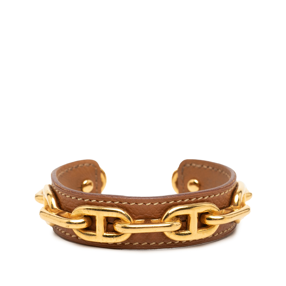 Pre-Loved Hermes Leather and Gold Plated Chaine d Ancre Cuff Bracelet